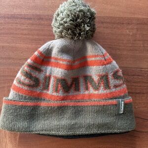 Simms Hat Beanie Mens One Size Brown Orange Pom Fleece Lined Knit Winter Fishing